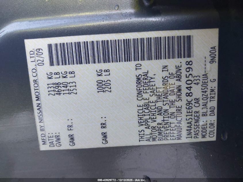 2009 Nissan Maxima 3.5 S VIN: 1N4AA51E69C840598 Lot: 43929772