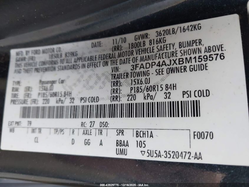 2011 Ford Fiesta S VIN: 3FADP4AJXBM159576 Lot: 43929775