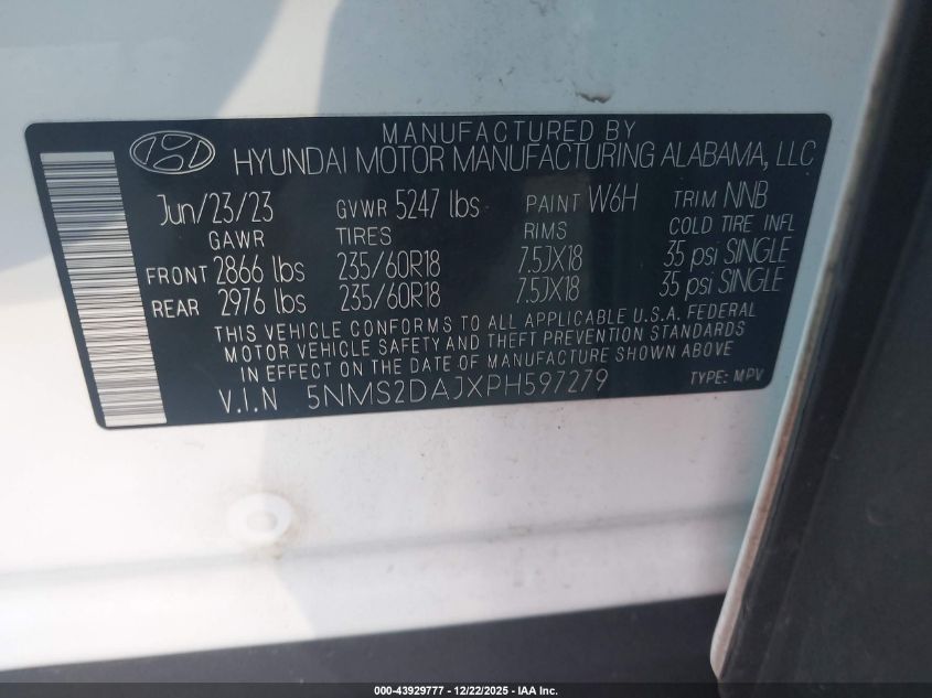 2023 Hyundai Santa Fe Sel VIN: 5NMS2DAJXPH597279 Lot: 43929777