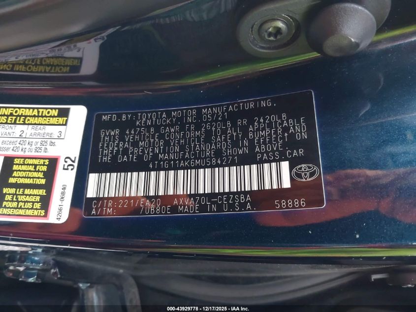 2021 Toyota Camry Se VIN: 4T1G11AK6MU584271 Lot: 43929778
