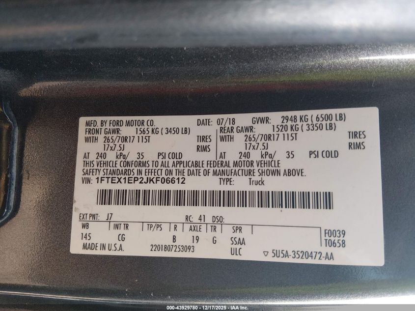 2018 Ford F-150 Xl VIN: 1FTEX1EP2JKF06612 Lot: 43929780