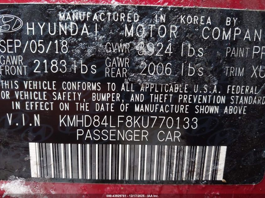 2019 Hyundai Elantra Value Edition VIN: KMHD84LF8KU770133 Lot: 43929781