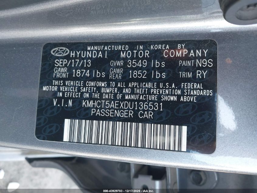 2013 Hyundai Accent Gs VIN: KMHCT5AEXDU136531 Lot: 43929783