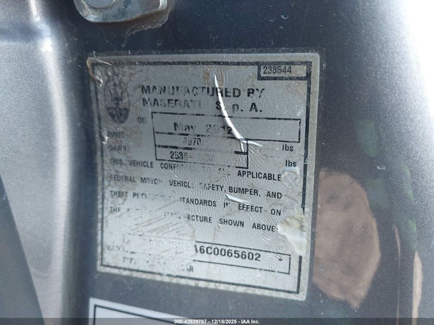 2012 Maserati Granturismo S Automatic VIN: ZAM45KLA6C0065602 Lot: 43929787