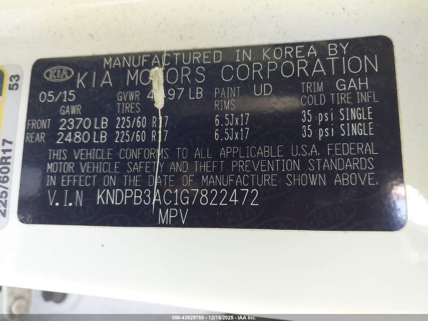 2016 Kia Sportage Lx VIN: KNDPB3AC1G7822472 Lot: 43929788