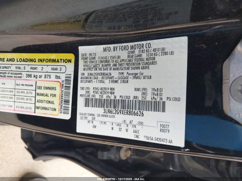 2014 Lincoln Mkz VIN: 3LN6L2G9XER806626 Lot: 43929792