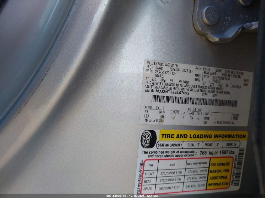 2018 Lincoln Navigator Premiere VIN: 5LMJJ2NT3JEL07692 Lot: 43929795