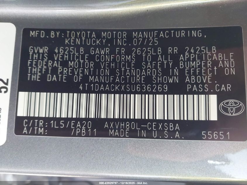 2025 Toyota Camry Se VIN: 4T1DAACKXSU636269 Lot: 43929797