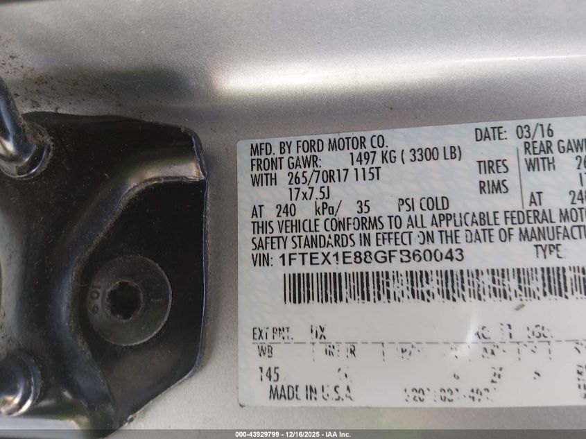 2016 Ford F-150 Xl VIN: 1FTEX1E88GFB60043 Lot: 43929799