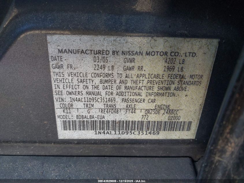2005 Nissan Altima 2.5 S VIN: 1N4AL11D95C351469 Lot: 43929806