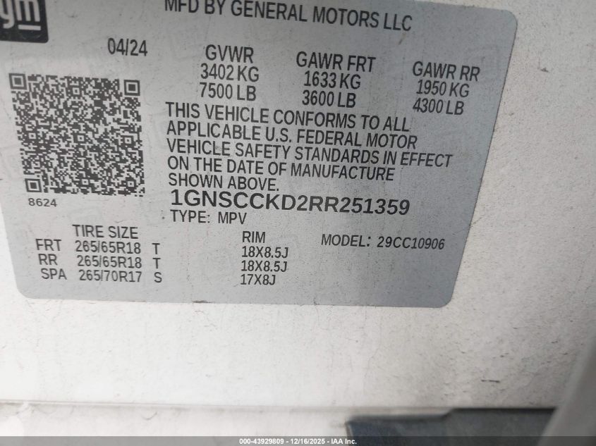 2024 Chevrolet Suburban 2Wd Lt VIN: 1GNSCCKD2RR251359 Lot: 43929809