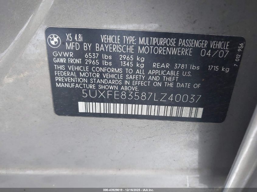 2007 BMW X5 4.8I VIN: 5UXFE83587LZ40037 Lot: 43929819