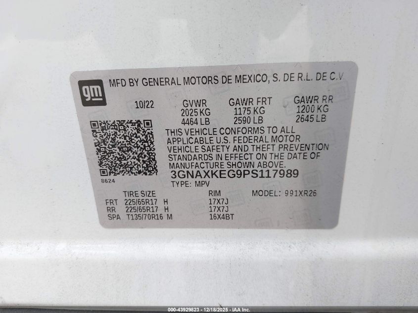 2023 Chevrolet Equinox Fwd Lt VIN: 3GNAXKEG9PS117989 Lot: 43929823