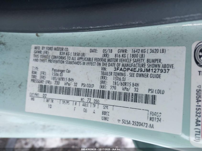 2018 Ford Fiesta Se VIN: 3FADP4EJ9JM127937 Lot: 43929825