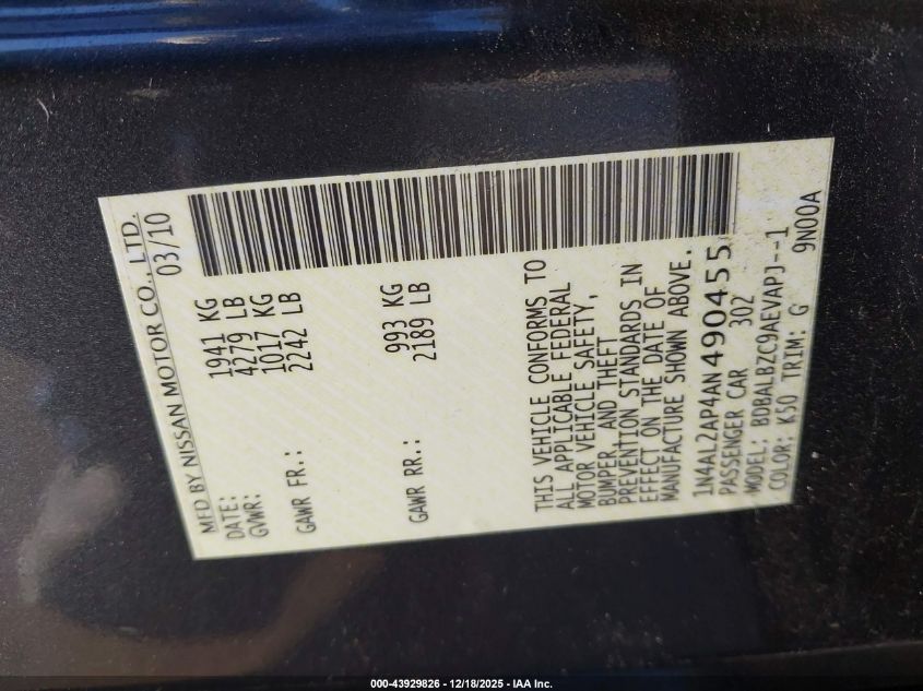 2010 Nissan Altima 2.5 S VIN: 1N4AL2AP4AN490455 Lot: 43929826