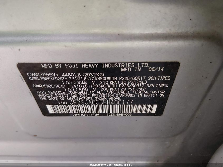 2015 Subaru Forester 2.5I Premium VIN: JF2SJADC5FH466177 Lot: 43929829