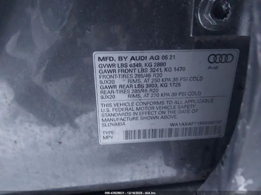 2021 Audi Q7 Premium 55 Tfsi Quattro Tiptronic VIN: WA1AXAF71MD040137 Lot: 43929831