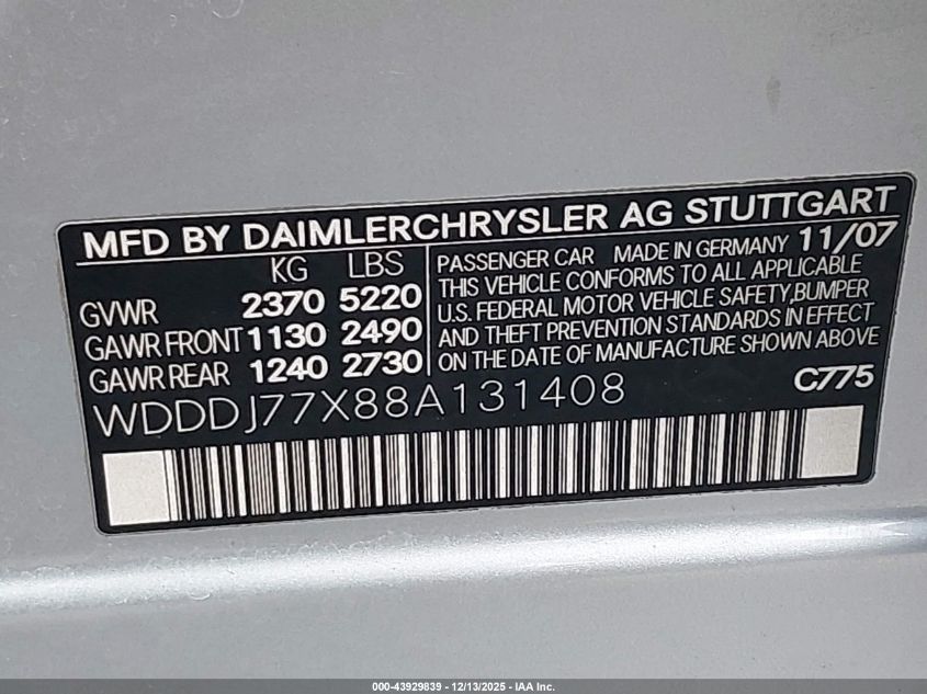 2008 Mercedes-Benz Cls 63 Amg VIN: WDDDJ77X88A131408 Lot: 43929839