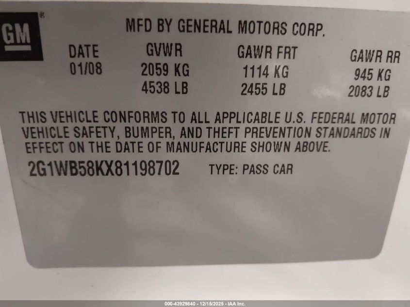 2008 Chevrolet Impala Ls VIN: 2G1WB58KX81198702 Lot: 43929840