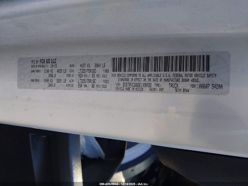 2016 Ram Promaster 2500 High Roof VIN: 3C6TRVCG6GE109032 Lot: 43929844