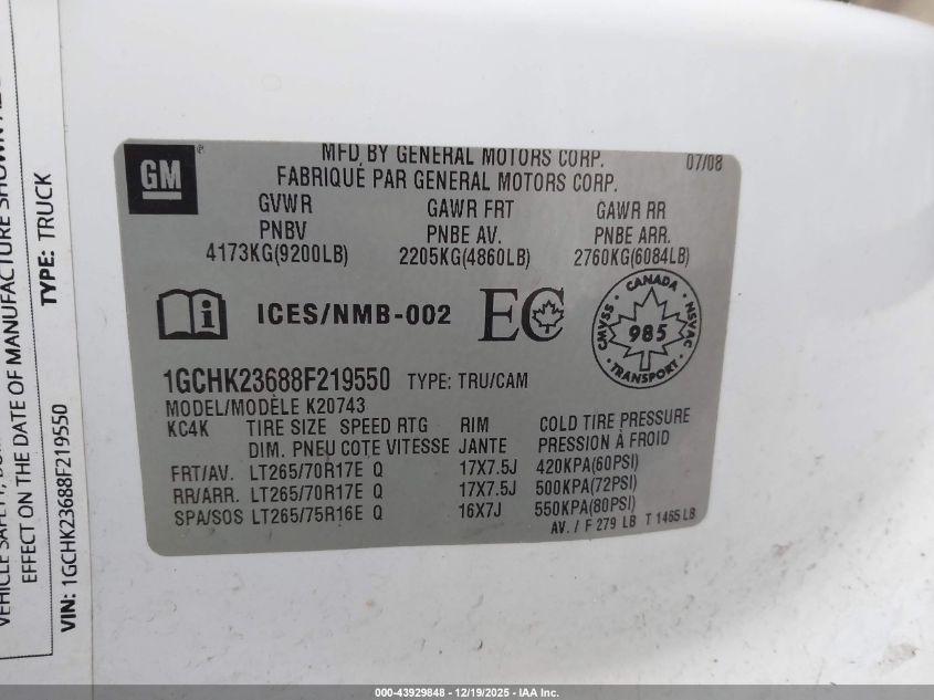 2008 Chevrolet Silverado 2500Hd Lt1/Lt2/Ltz/Work Truck VIN: 1GCHK23688F219550 Lot: 43929848