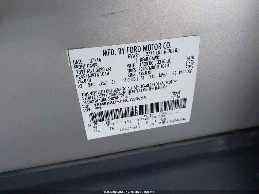 2017 Ford Explorer Xlt VIN: 1FM5K8DH0HGA30693 Lot: 43929854