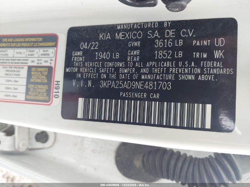 2022 Kia Rio 5-Door S VIN: 3KPA25AD9NE481703 Lot: 43929856
