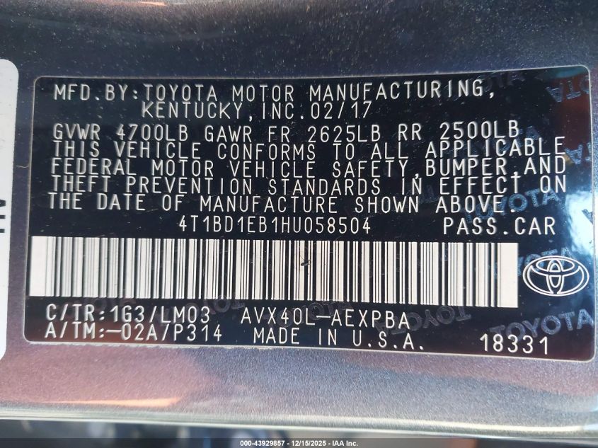 2017 Toyota Avalon Hybrid Limited VIN: 4T1BD1EB1HU058504 Lot: 43929857