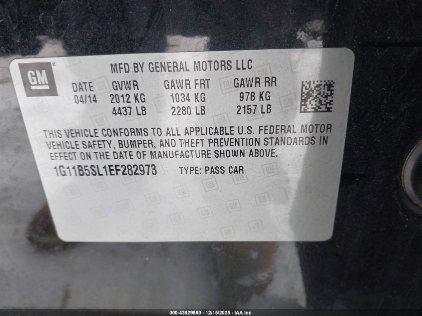 2014 Chevrolet Malibu 1Ls VIN: 1G11B5SL1EF282973 Lot: 43929860