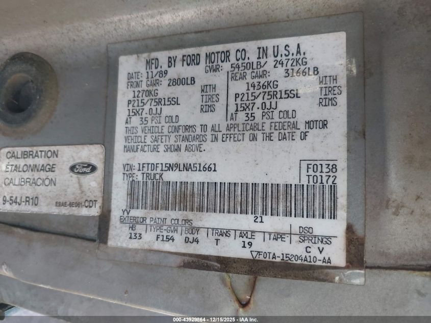 1990 Ford F150 VIN: 1FTDF15N9LNA51661 Lot: 43929864
