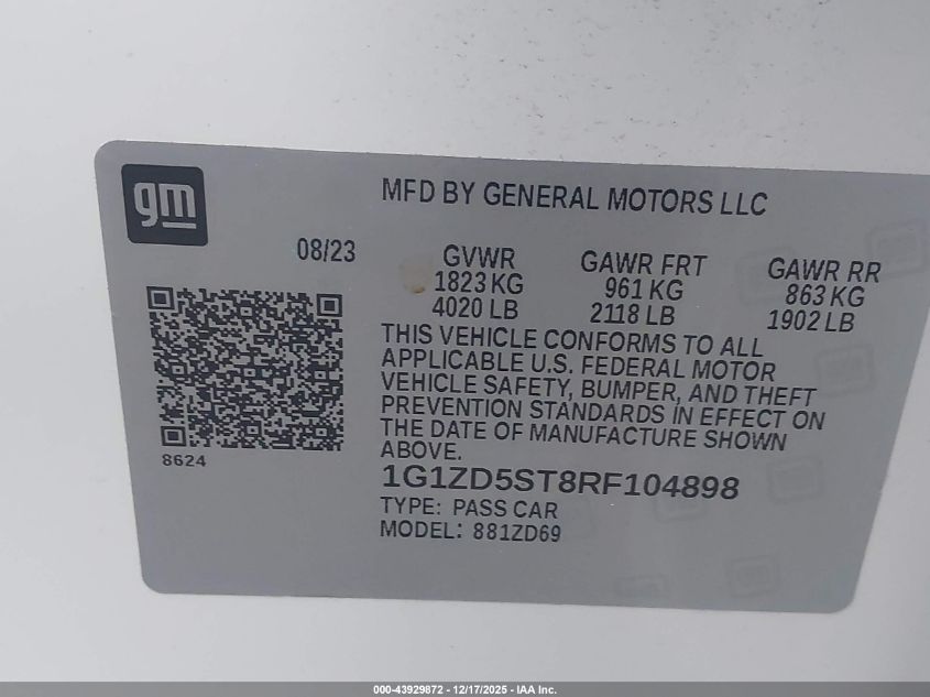 2024 Chevrolet Malibu Fwd 1Lt VIN: 1G1ZD5ST8RF104898 Lot: 43929872