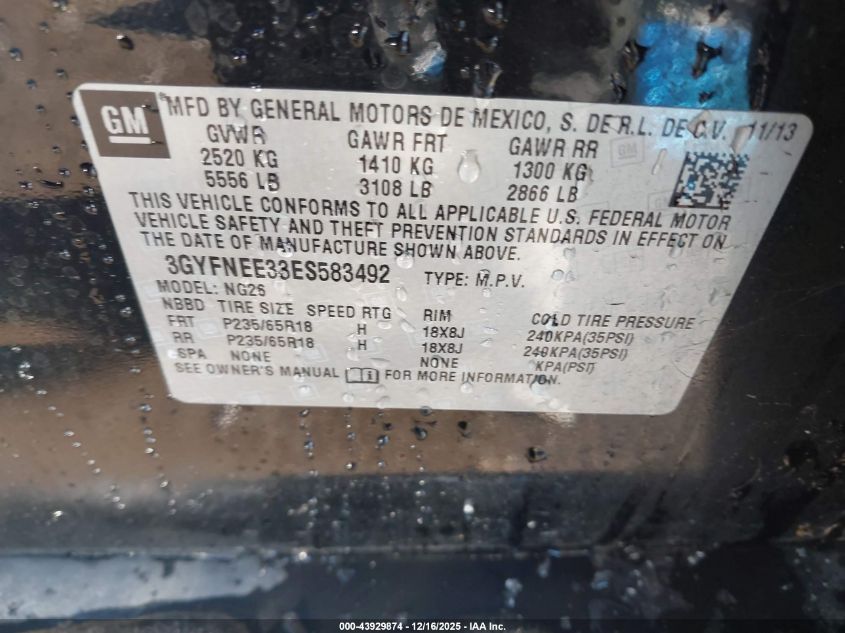 2014 Cadillac Srx Luxury Collection VIN: 3GYFNEE33ES583492 Lot: 43929874