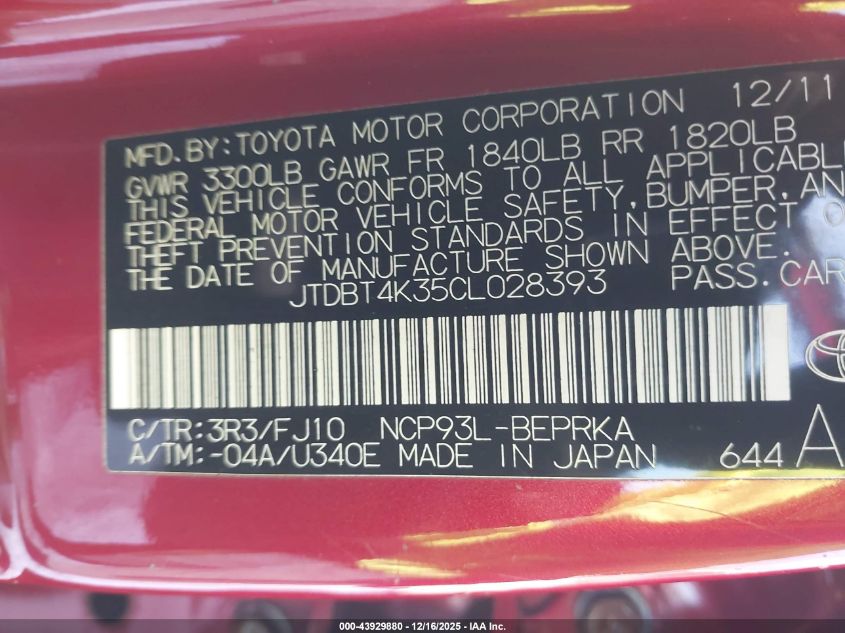 2012 Toyota Yaris VIN: JTDBT4K35CL028393 Lot: 43929880