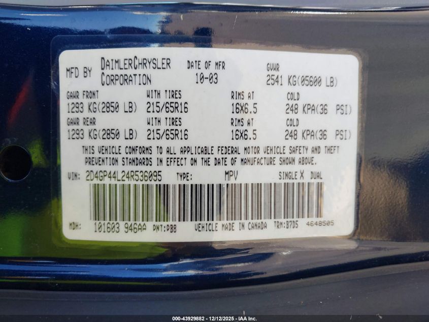 2004 Dodge Grand Caravan Sxt VIN: 2D4GP44L24R536095 Lot: 43929882