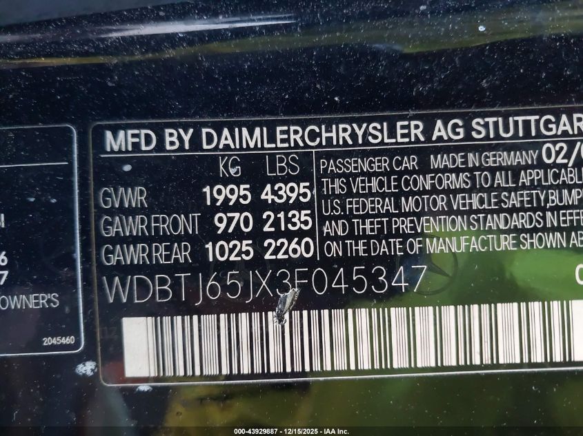 2003 Mercedes-Benz Clk 320 VIN: WDBTJ65JX3F045347 Lot: 43929887