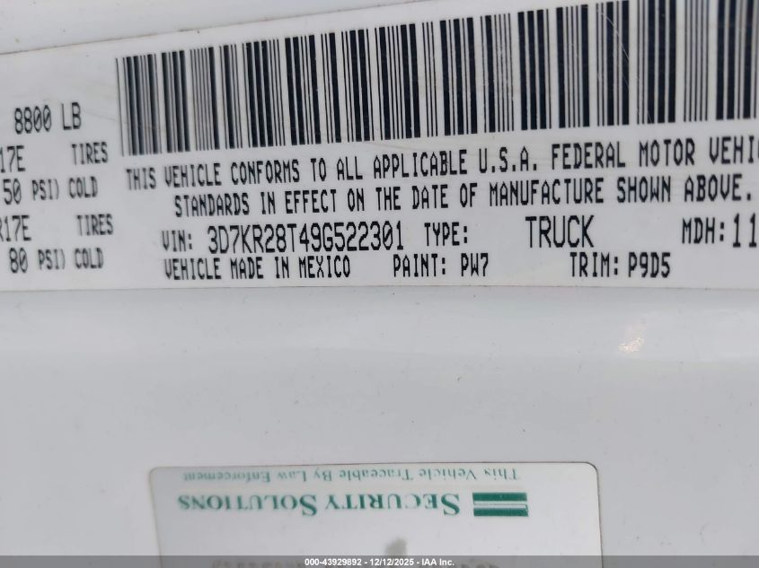 2009 Dodge Ram 2500 St VIN: 3D7KR28T49G522301 Lot: 43929892