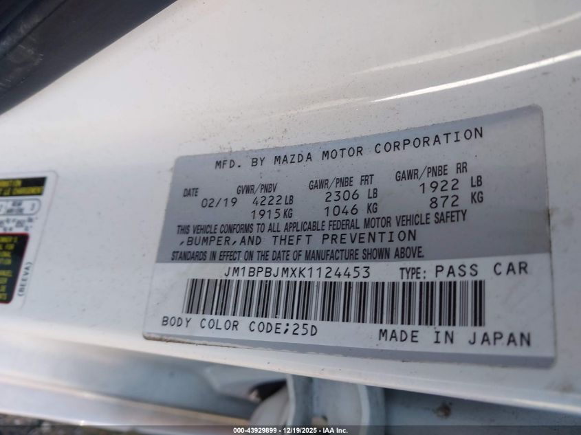 2019 Mazda Mazda3 VIN: JM1BPBJMXK1124453 Lot: 43929899