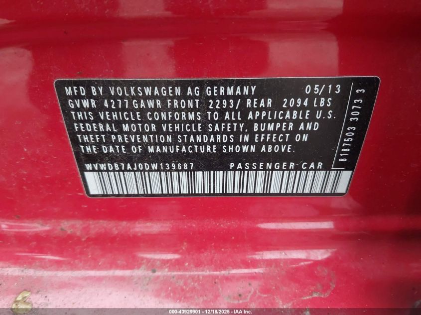 2013 Volkswagen Golf 2.5L 4-Door VIN: WVWDB7AJ0DW139687 Lot: 43929901