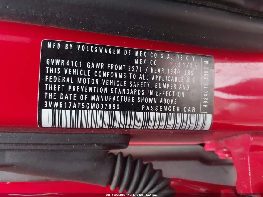 2016 Volkswagen Beetle 1.8T Se VIN: 3VW517AT5GM807090 Lot: 43929906