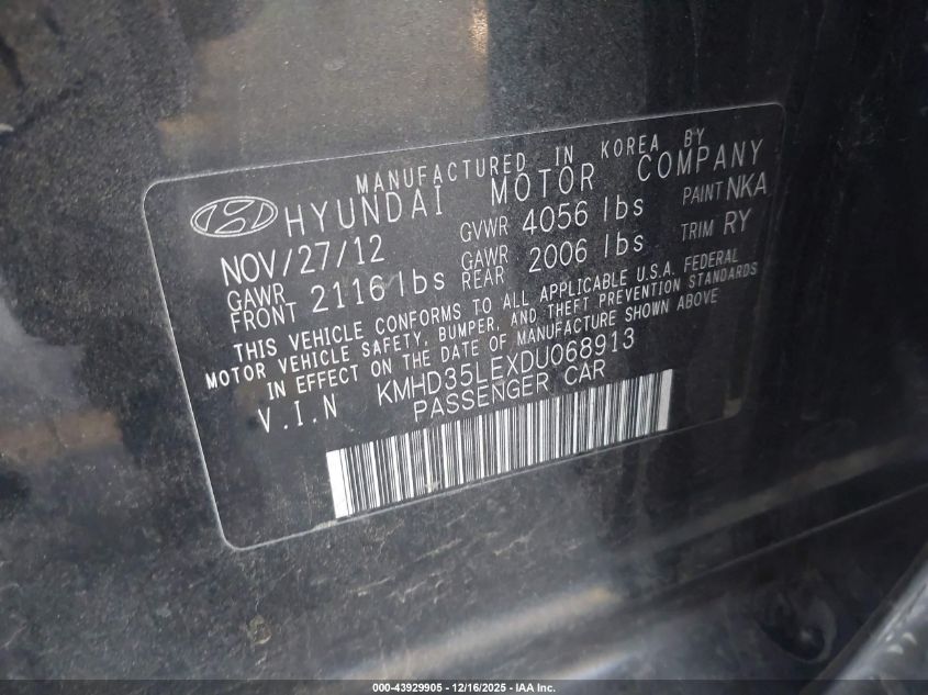 2013 Hyundai Elantra Gt VIN: KMHD35LEXDU068913 Lot: 43929905