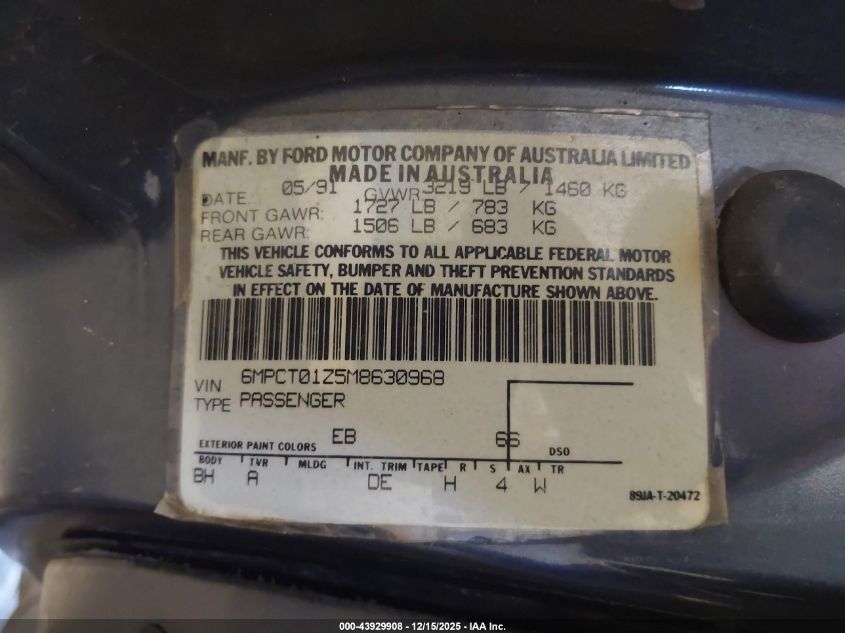 1991 Mercury Capri VIN: 6MPCT01Z5M8630968 Lot: 43929908