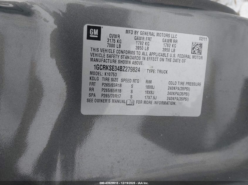 2011 Chevrolet Silverado 1500 Lt VIN: 1GCRKSE34BZ279824 Lot: 43929915