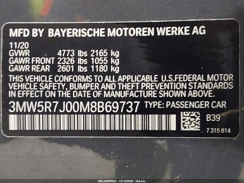 2021 BMW 330I xDrive VIN: 3MW5R7J00M8B69737 Lot: 43929922
