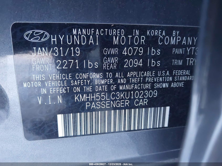 VIN KMHH55LC3KU102309 2019 HYUNDAI ELANTRA GT N LINE