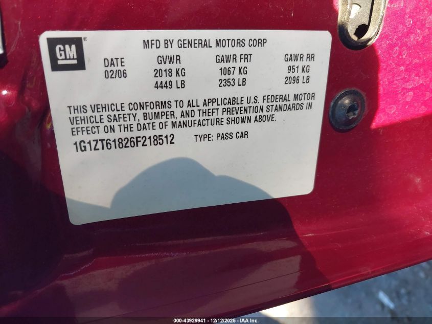 2006 Chevrolet Malibu Maxx Lt VIN: 1G1ZT61826F218512 Lot: 43929941