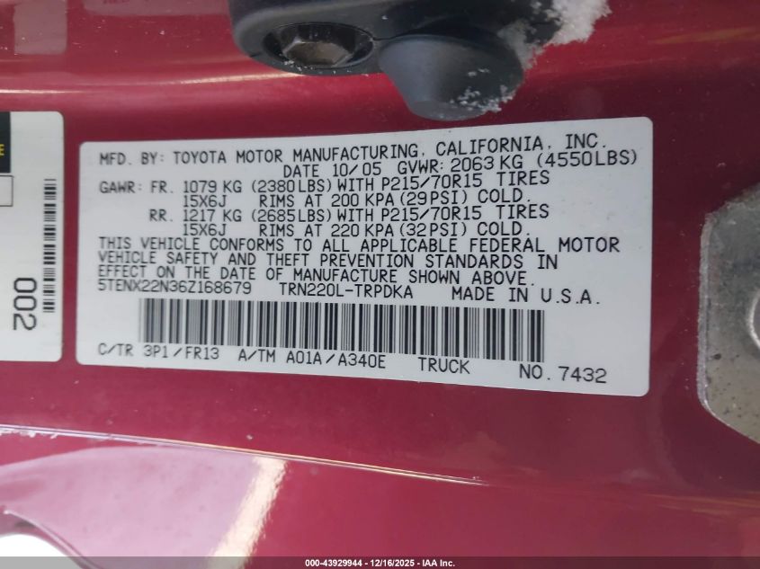 2006 Toyota Tacoma VIN: 5TENX22N36Z168679 Lot: 43929944