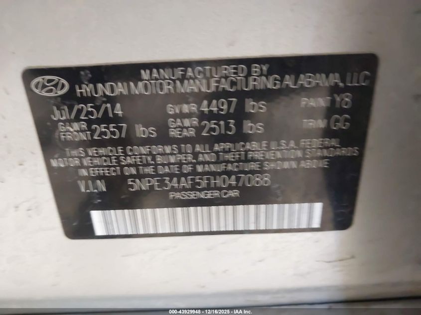 2015 Hyundai Sonata Sport VIN: 5NPE34AF5FH047088 Lot: 43929948