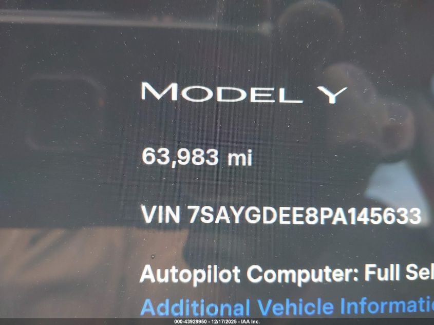 2023 Tesla Model Y Awd/Long Range Dual Motor All-Wheel Drive VIN: 7SAYGDEE8PA145633 Lot: 43929950