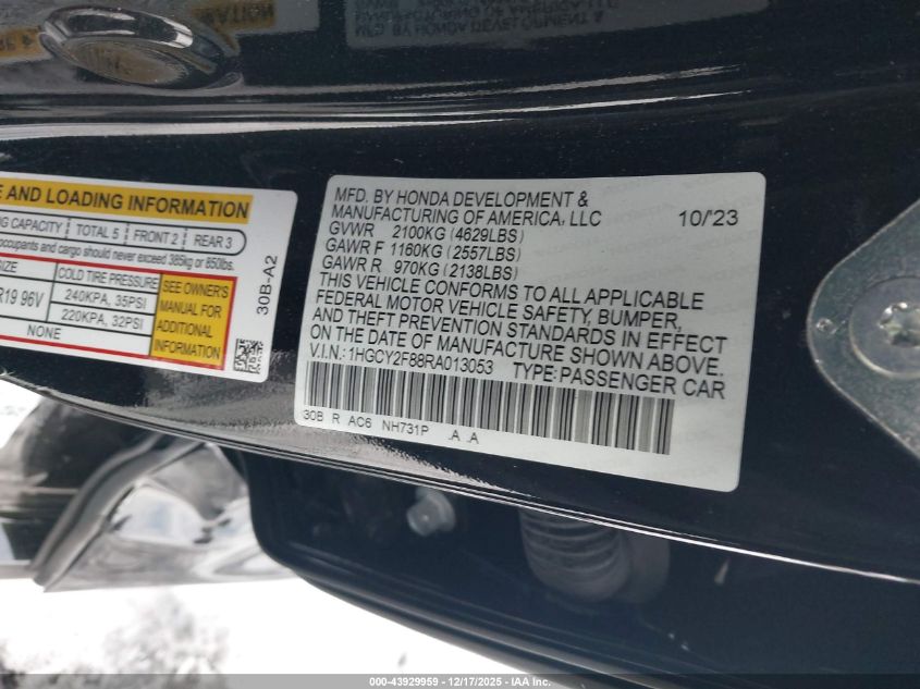 2024 Honda Accord Touring Hybrid VIN: 1HGCY2F88RA013053 Lot: 43929959