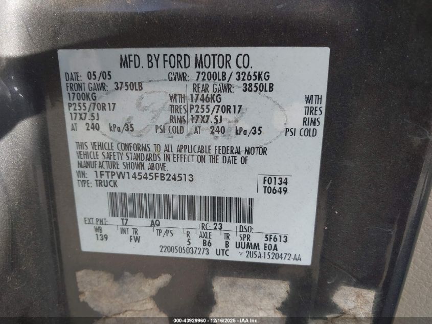 2005 Ford F-150 Fx4/Lariat/Xlt VIN: 1FTPW14545FB24513 Lot: 43929960